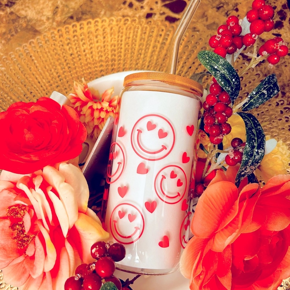 Cute smiley glass with bamboo lid and straw.